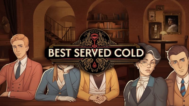 Five people sit at a wooden bar in a dimly lit speakeasy; shelves with books in the background.