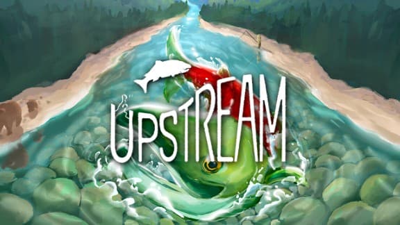 Two large fish leap from river surrounded by pebbles and lush green trees lining the riverbank.