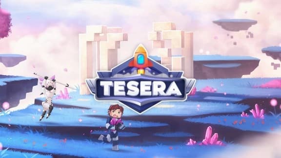 A young girl in sci-fi attire runs across a vibrant landscape with crystals, chased by a robot with a spear.