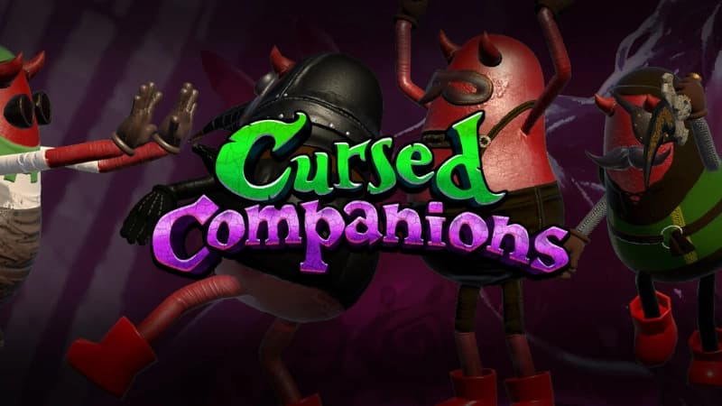 Four playful, imp-like creatures wearing different colored costumes with horns and boots in a dark setting.