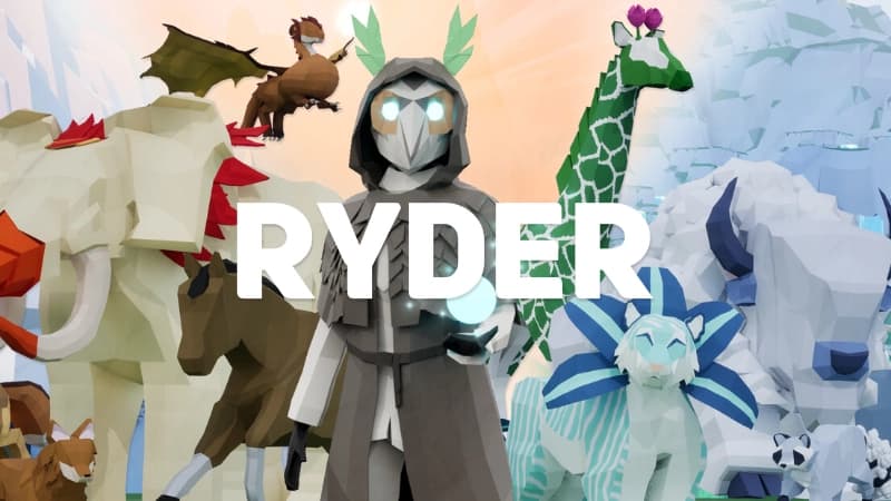 Robed figure with glowing eyes and owl mask holds a sphere, surrounded by colorful low-poly animal figures.