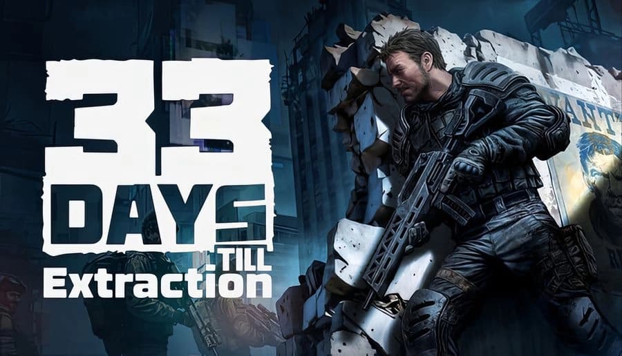 33 Days till Extraction: Armored man aims futuristic rifle beside wrecked vehicle in ruined blue-lit city street.