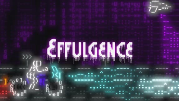 Effulgence: Figure rides a motorcycle amid glowing digital code on a dark screen, creating a cyber-themed environment.