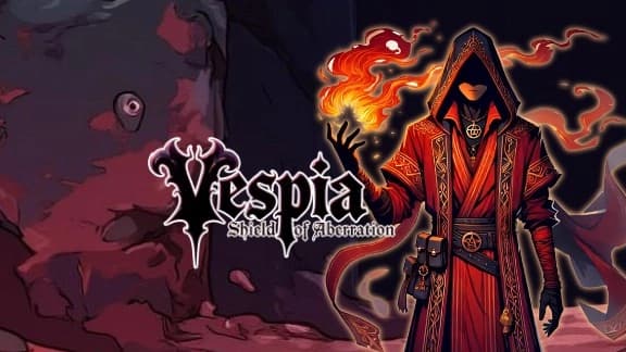 A hooded man in a detailed red robe conjures swirling flames with his hand, set against a dark, rocky backdrop.