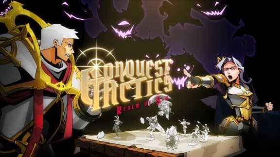 A man in white armor and a woman in dark armor engage in a strategic battle with game pieces.