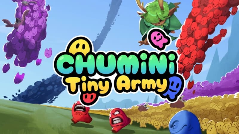 A vibrant scene with a character in green armor chasing colorful, two-legged creatures on rolling hills.