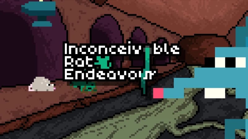 A pixelated blue rat with large eyes and a pink nose stands in a dimly lit cavernous sewer path.