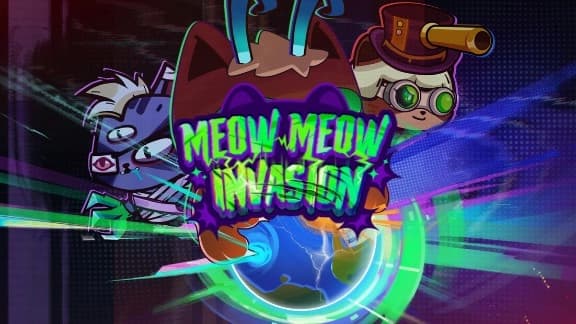 Cartoon cats in space, one wears goggles and a top hat with a cannon; vibrant, colorful effects.