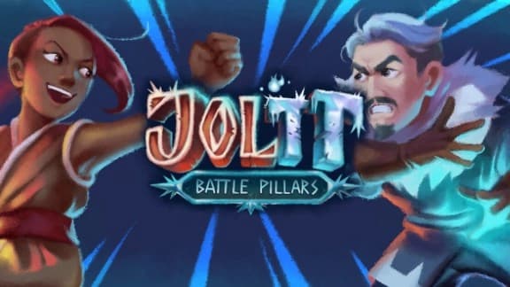 A young woman with red hair and an older man with gray beard clash in a dynamic, animated battle.