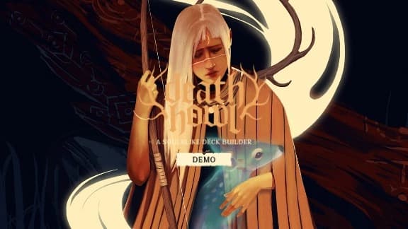 Young woman with long hair gently pets a glowing spirit reindeer emerging from beneath her cloak.