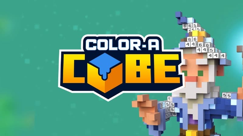 A voxel-style wizard with a pointy hat, composed of colorful blocks and white blocks with numbers.