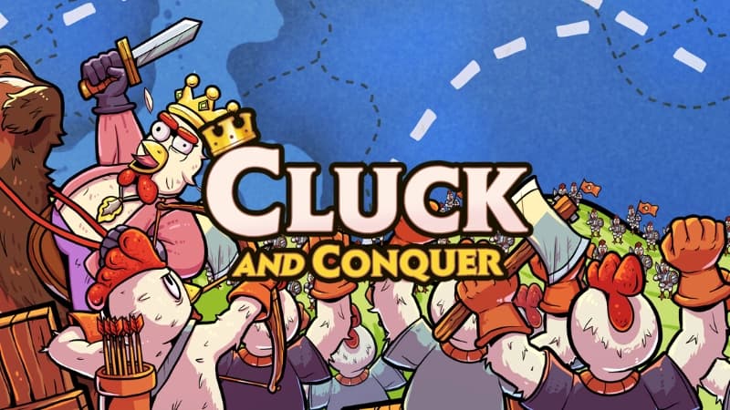 Crowned rooster hero with sword rallies an army of armed chickens on a grassy hill against knights.