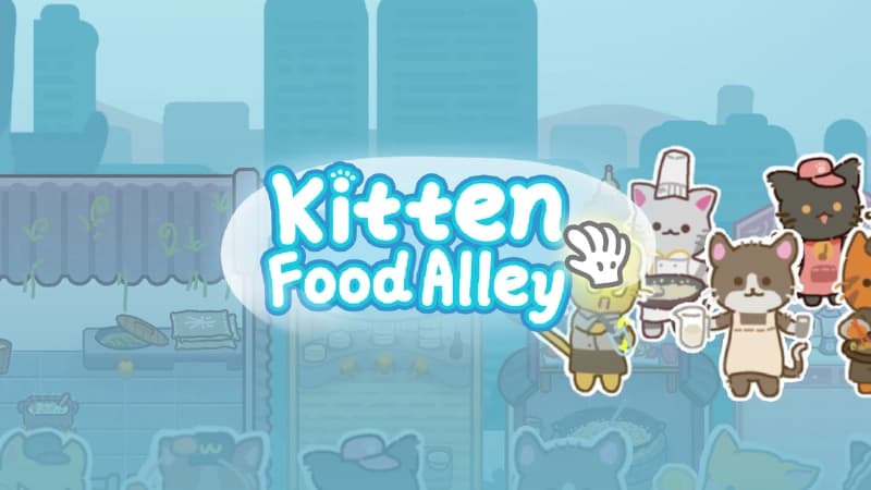 Cartoon kittens in chef hats serve food in an alley kitchen. Street stalls and skyscrapers line the view.