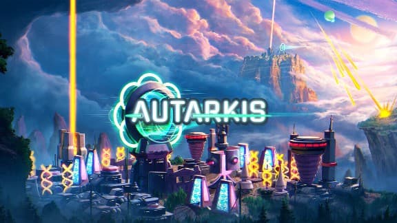 Futuristic alien city with vibrant neon lights and towering structures under a swirling sky.