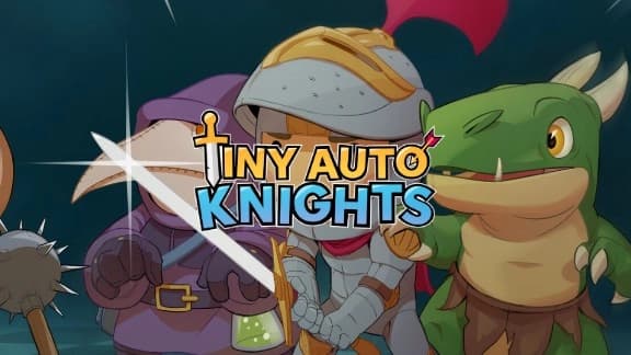 A knight in gold-trimmed armor, hooded figure, and small green dinosaur stand together, suggesting unity.