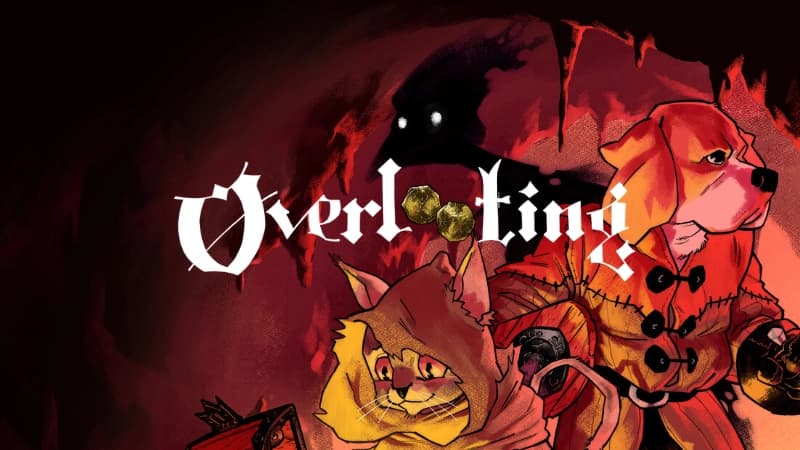 A dog in a coat and a cat in a hood stand in a dark cave. A shadowy figure watches them.