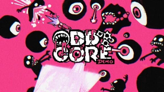Chaotic scene with cartoon monsters, large floating eyes, and jagged teeth on a bright pink background.