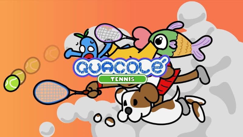 A dog, fish, and blue creature with rackets play tennis amidst a smoke cloud; tennis ball in motion.
