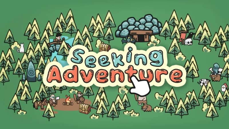 Cartoon warriors hold weapons by a campfire in a forest with cows, boars, treasure chests, and a mine.