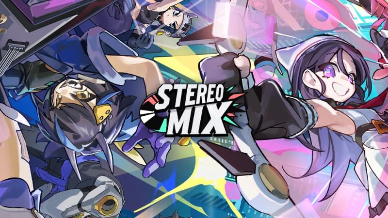 Colorful anime-style characters in dynamic poses with musical elements set against a vibrant backdrop.