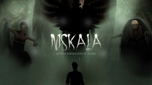 A shadowy figure stands in a misty forest with eerie masked entities; a giant with exposed ribcage looms.