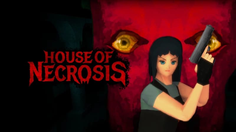 A woman holding a gun stands alert in front of a sinister red face with glowing yellow eyes.