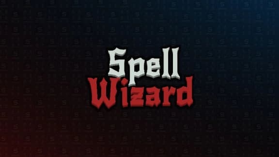 Gradient background shifting from blue to red, centered text "Spell Wizard," tessellated "S" pattern.