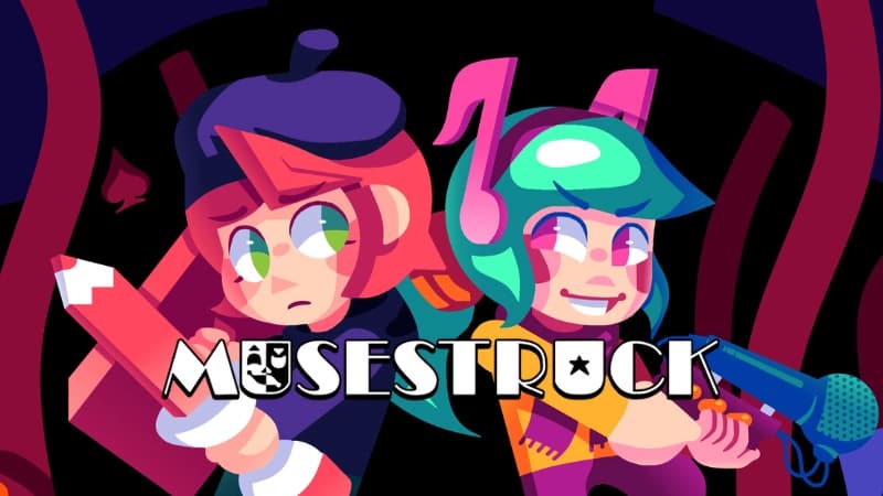 Two cartoon girls stand back-to-back, one holding a pencil and wearing a beret, the other in headphones with a microphone.