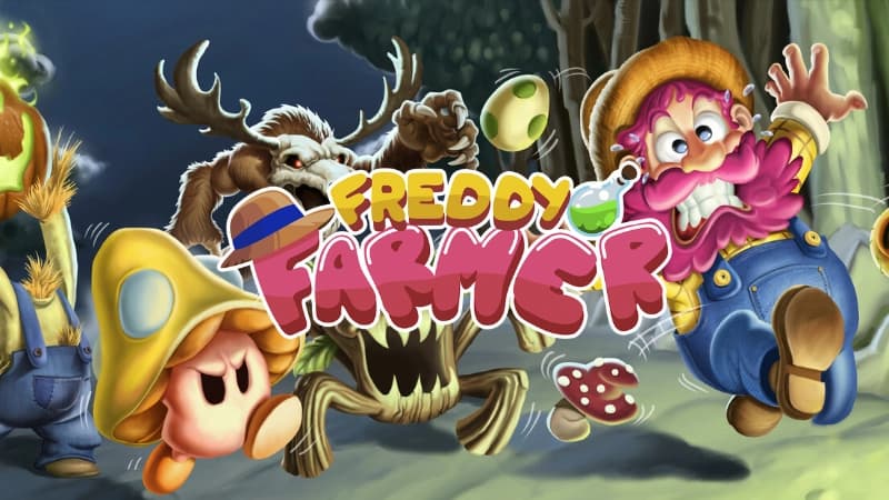 Pink-bearded farmer in blue overalls runs in fear from a snarling antlered beast, mushroom, and tree creature.