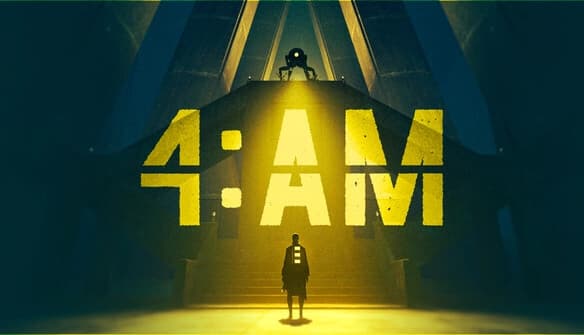 4: Small girl stands in yellow spotlight beneath tall industrial archway, shadowy figure watches from above.