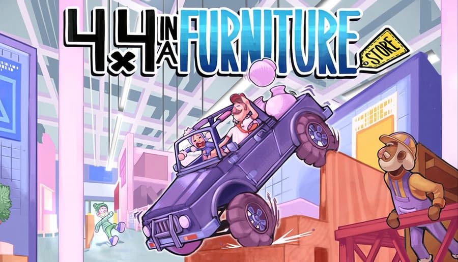 4x4 in a Furniture Store: Woman drives a blue 4x4 with a child amid oversized furniture, jumping obstacles inside a store.