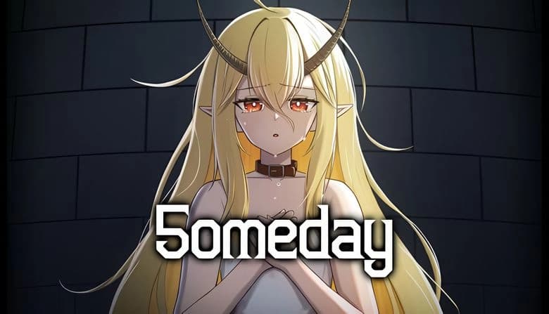 5omeday: Dragon girl with horns and long hair stands against a stone wall, hands clasped, wearing a collar in dim light.