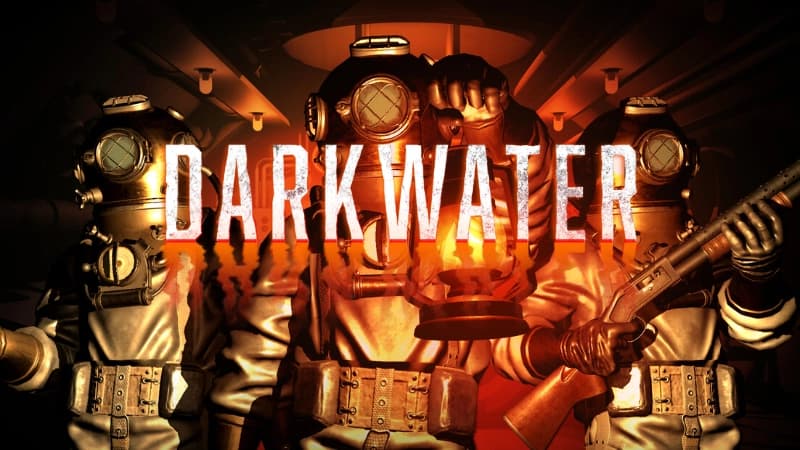 Three divers in vintage steampunk gear, one with a lantern, another with a shotgun, in dim light.