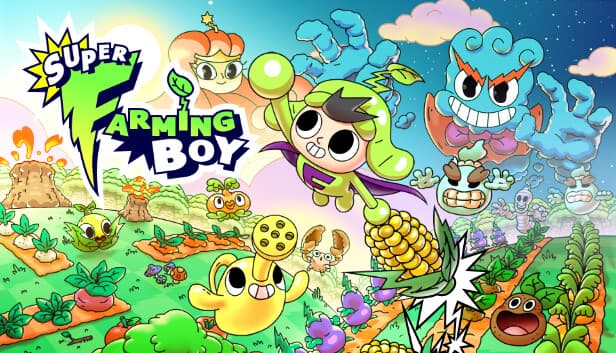 A young boy in a green cape flies over a colorful farm, followed by happy vegetables and a menacing cloud.