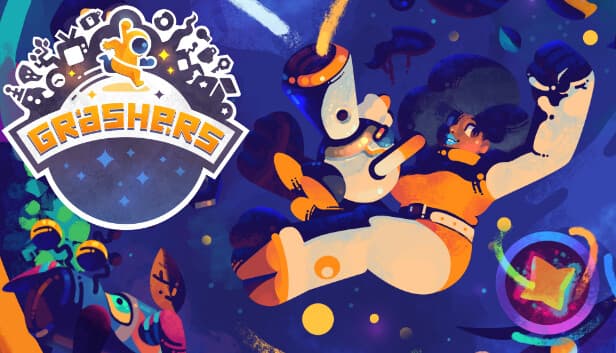 An animated person with an afro and spacesuit floats in a colorful cosmic scene with stars.