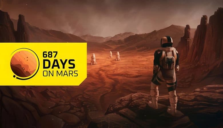 687 Days on Mars: Astronaut surveys Martian terrain with distant structures under a cloudy sky, surrounded by rocky formations.