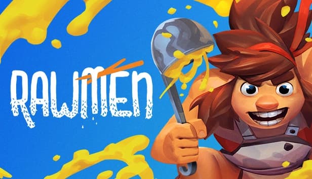 Young man with wild brown hair joyfully wields large spoon, surrounded by flying yellow ramen soup.