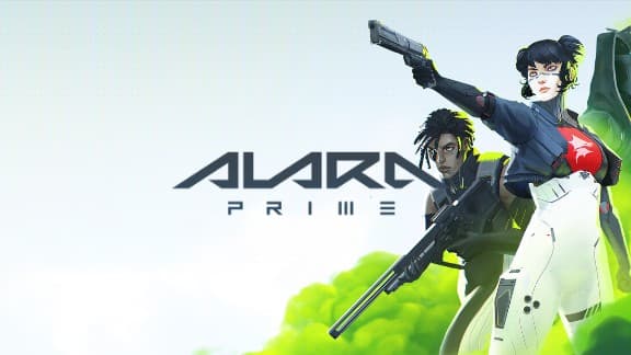 Armed young man and women in futuristic attire stand back-to-back, aiming guns. Bright, lush green background.