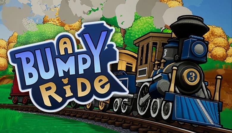 A Bumpy Ride: Cartoon steam train with gold details, number 3 leads, chugging through a vibrant forest with billowing smoke.