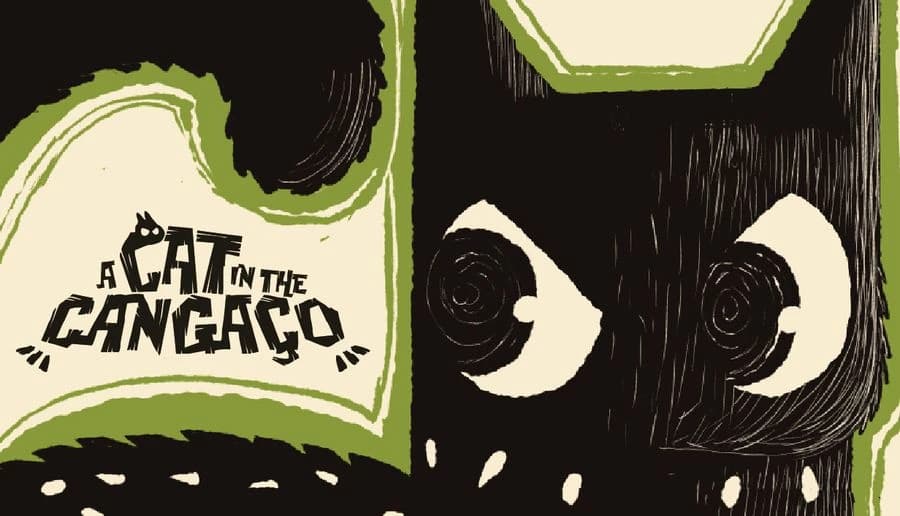 A Cat in the Cangaço: black cat face with wide eyes beside bold title on torn paper over dark background.