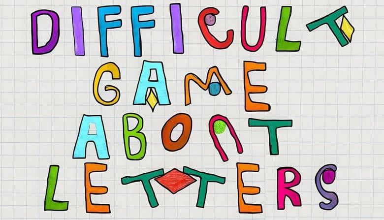 Colorful letters drawn in crayon style on grid paper; each letter sports unique colors and some hang on platforms.