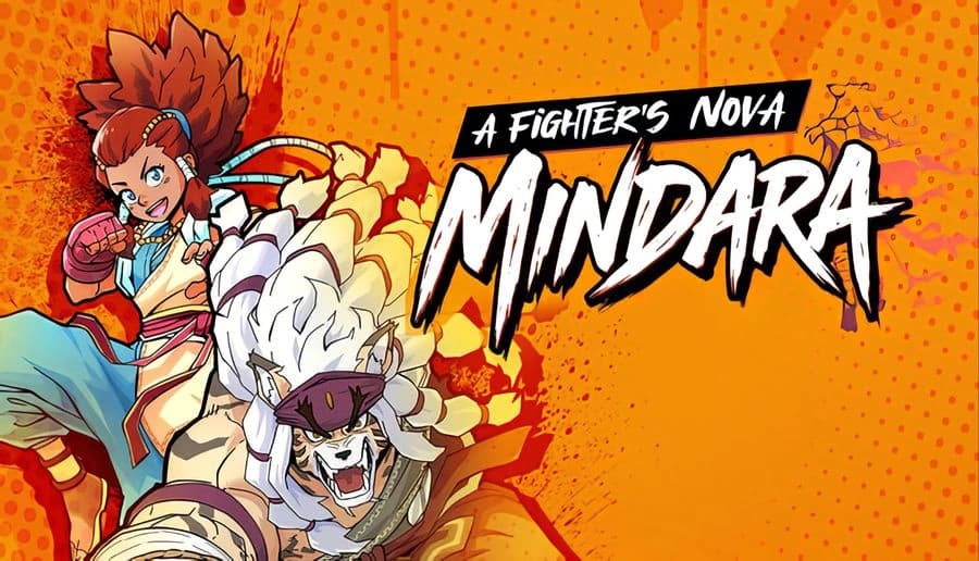 A Fighter’s Nova: Red-haired young woman throws a punch beside a white-haired masked fighter on orange burst backdrop.