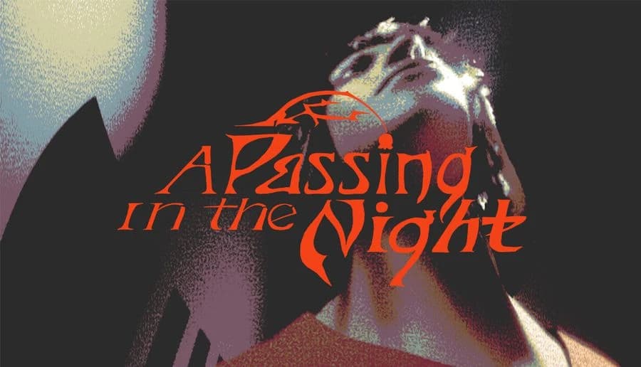 A Passing in the Night: close-up of a woman looking up, half-lit face in grainy red and gray shadows at night.
