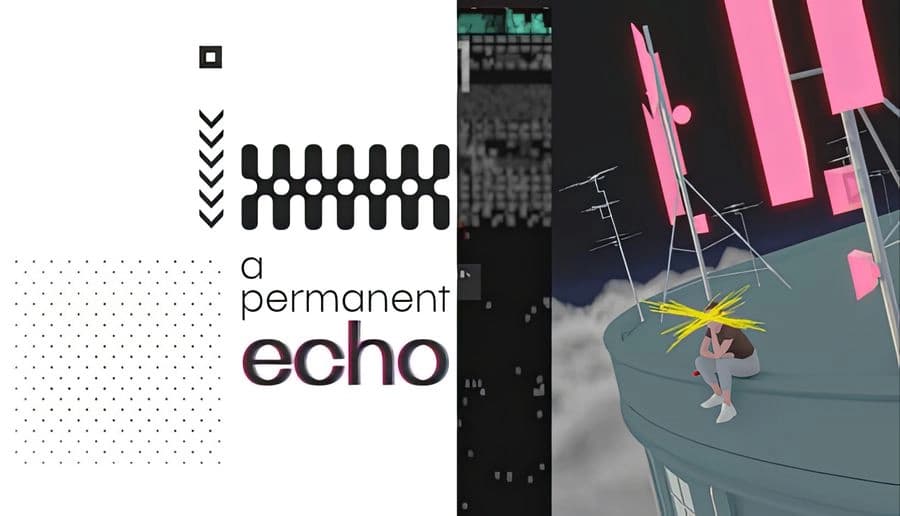 a permanent echo: woman with chromatic glitch effect stands under plus and circle signs on dark backdrop.