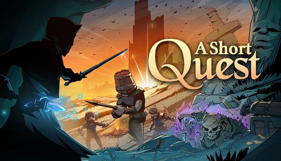 A Short Quest: Armored knight duels a hooded swordsman as undead rise in a desert battlefield at sunset.