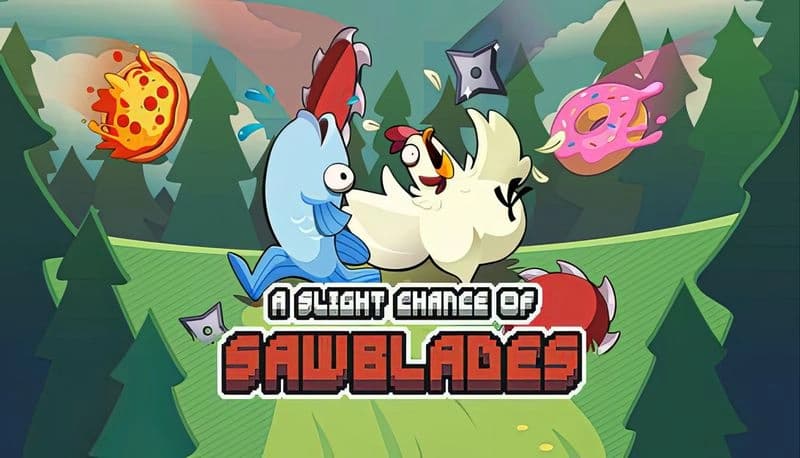 A Slight Chance of Sawblades: Cartoon chicken and fish panicking in a forest as sawblades and objects fly towards them.