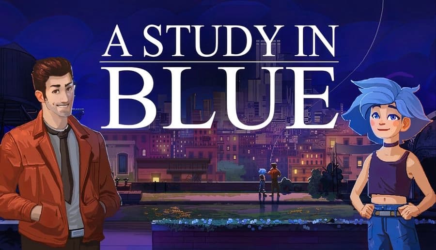 A Study in Blue: suited man and blue-haired young girl face forward above a neon city waterfront at night.