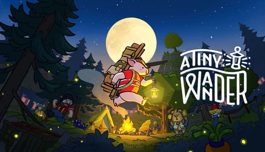 A Tiny Wander: mouse courier with backpack holds a lantern at night, walking through a pine forest under moonlight.