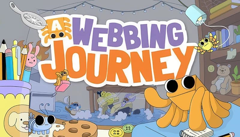 Cartoon orange spider with large eyes stands near to-do list, surrounded by pencils, buttons, cookies, and playful creatures.