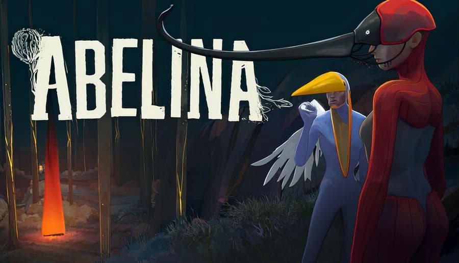 Abelina: Tall man with yellow beak-like hood and glowing white bird stands in dark forest beside large title text.